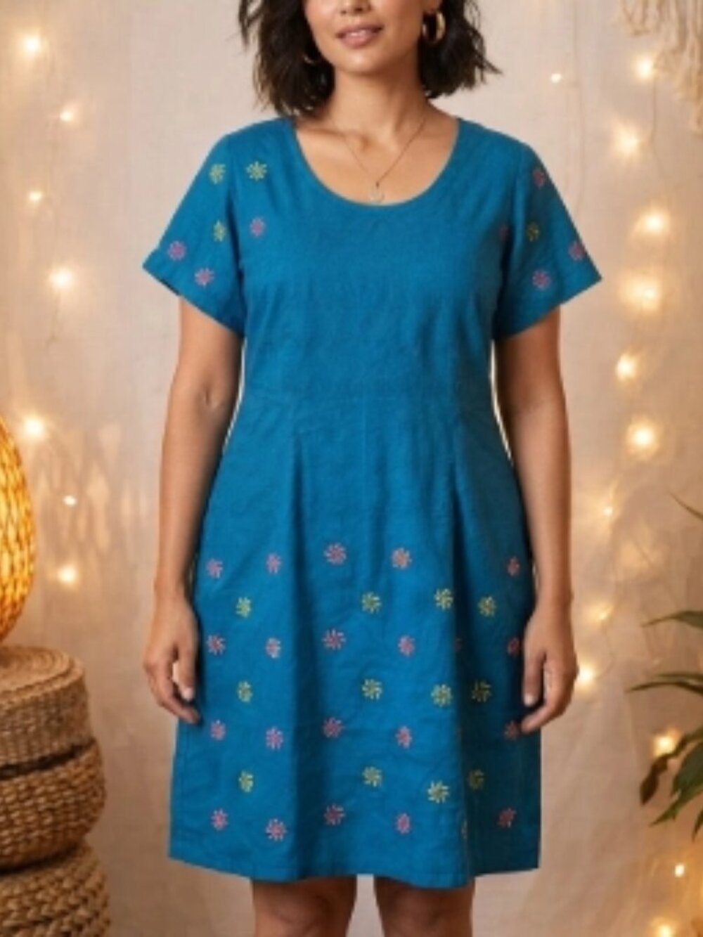 Handmade Teal Blue Dress w/Embroidered Spiral Detail M Boho Festival Artisan